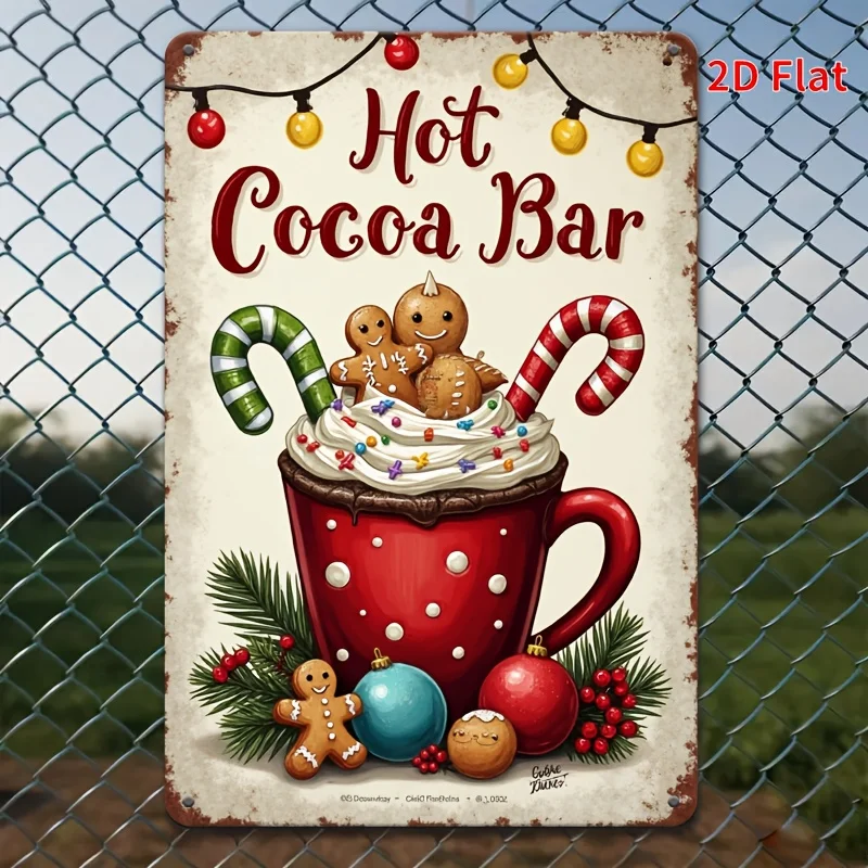 2DFlat-1pc Vintage Christmas Hot Cocoa Stand Metal Sign - Weatherproof Tin Wall Art, Pre-drilled Holes, Suitable for Farmhouses,