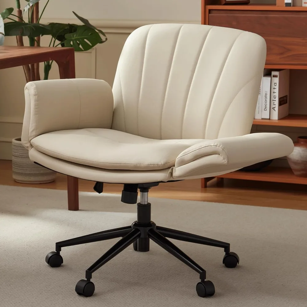 

Cross Chair with Five-Level Adjustable Arms and Wheels - Comfortable Ergonomic PU Leather Swivel Vanity Chair - Com