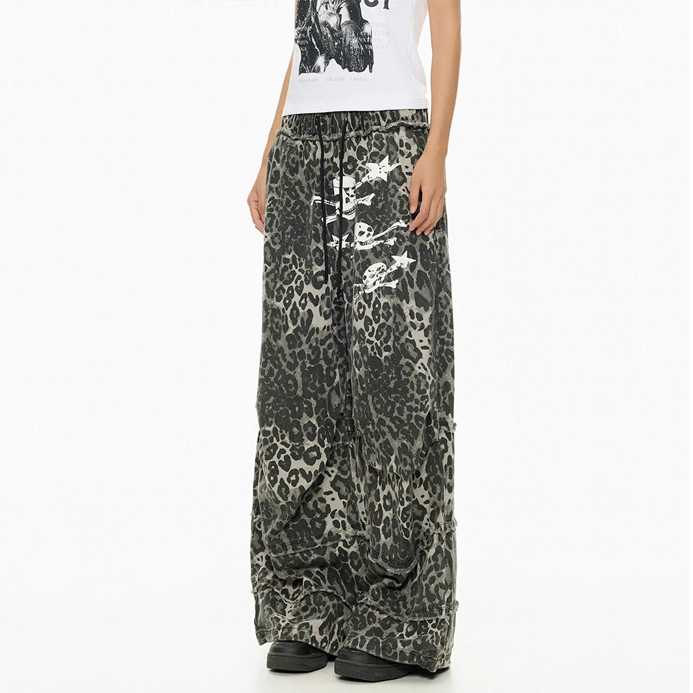 Women's Wide Leg Pants 100% Cotton Leopard Digital Print Loose Fit Floor Length Trousers for Women