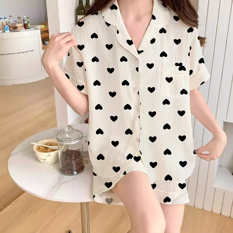 Summer Ladies Cloud Cotton Pajamas Loungewear Set Love Print Girl Short Sleeve Shorts Ins Casual Can Be Worn Outside Pajama Set