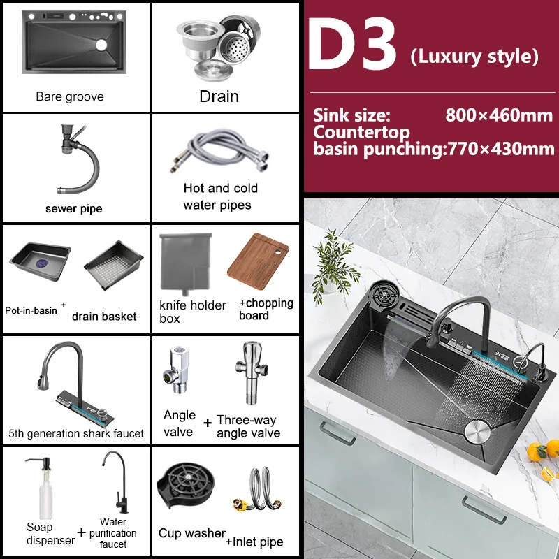 

Stainless Steel Waterfall Sink, Digital Display Large Single Bowl, Multifunction Waterfall Faucet Washing Basin