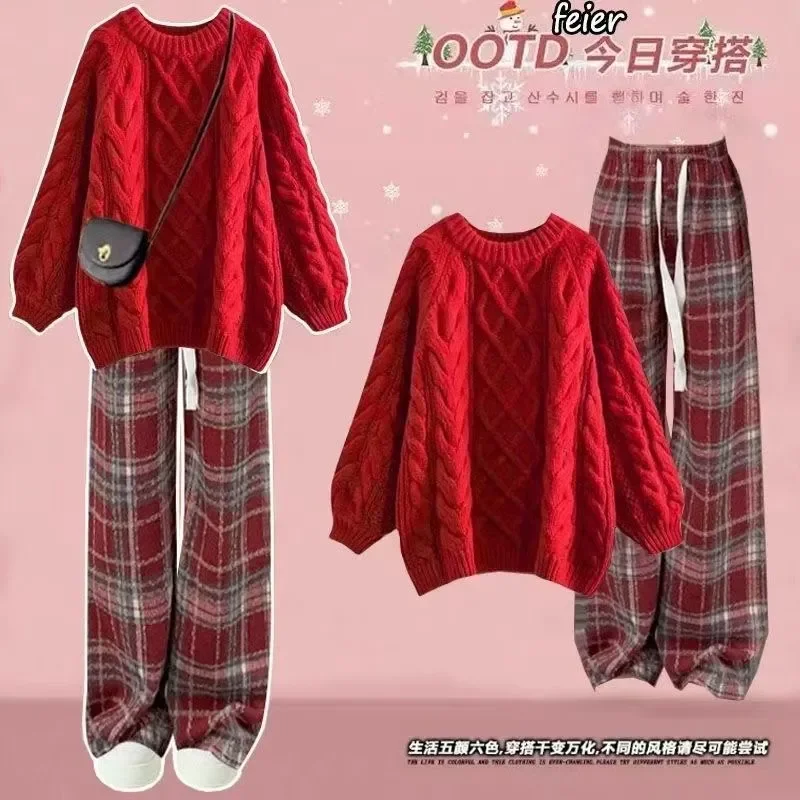 

Женский комплект, рождественская одежда в корейском стиле, красный вязаный свитер с круглым вырезом, клетчатые широкие брюки, комплект из двух предметов