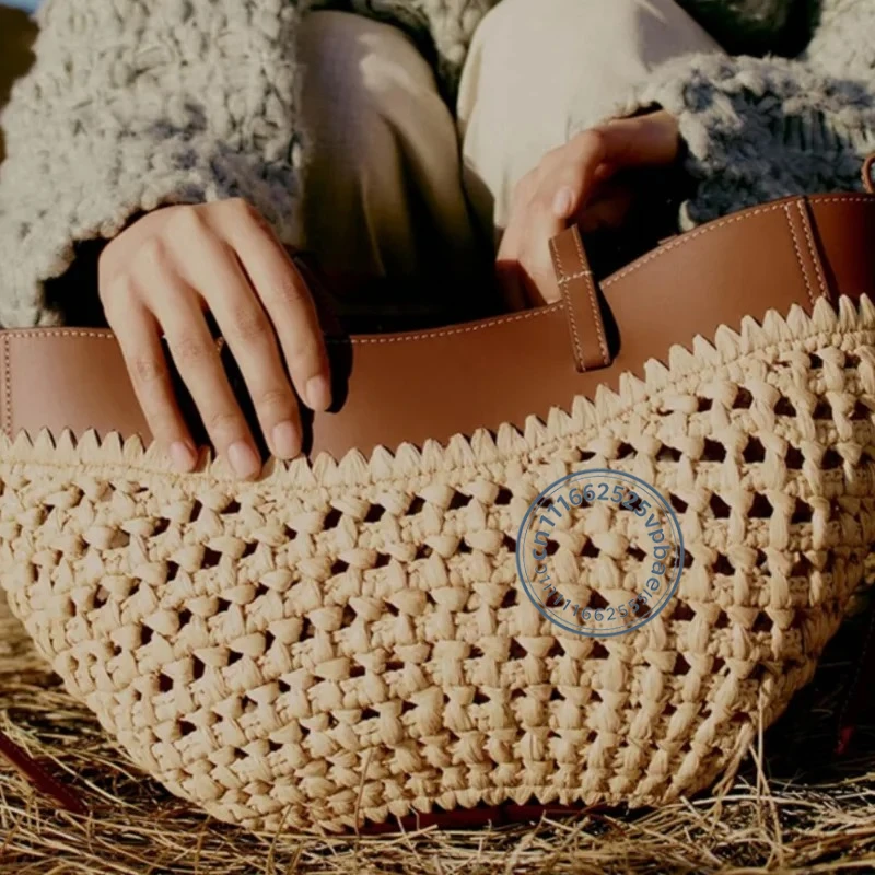 Hollow-out Raffia and Pu Leather Beach Bag Summer Casual Beach Bucket Bag Large Capacity Straw Beach Tote Handbags