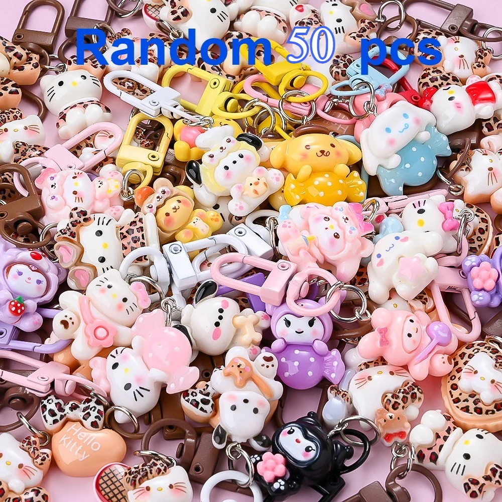 50pcs Sanrio Cartoon Keychains Charms Leopard Print Cute Mini Resin Pendant with Lobster Clasp, Wholesale Aesthetic Backpack Handbag Ornament, Birthday Holiday Wedding Party Favor Small Gift for Girls Teenagers