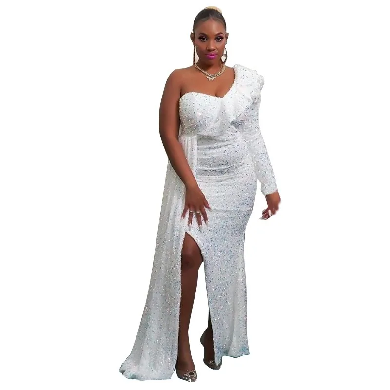 

New Women One Shoulder Sequin Party Long Dress 2023 Autumn Winter Dress Women Sexy Long Sleeve Off Shoulder Slim Fit Slit Dress