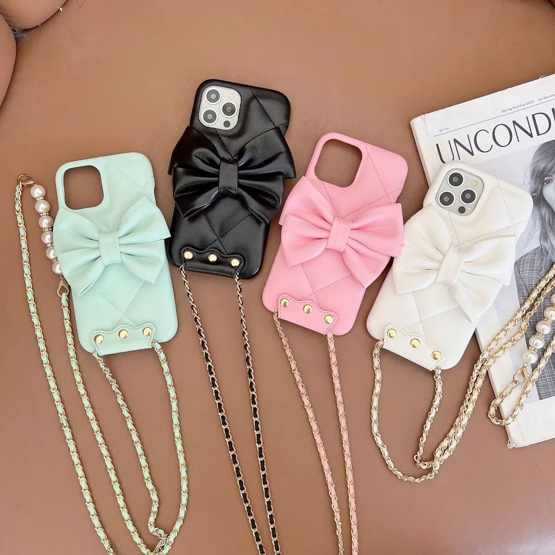 

Luxury Crossbody Phone Case for iPhoneButterfly Design Back Cover with Pearl, Long Chain, FS30, 14 Plus, 13, 15, 12, 11 Pro Max