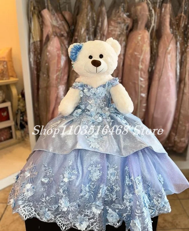 Gaun beruang Teddy Quinceanera pribadi gaun Ruffle tanpa tali biru langit applique bunga halus tautan khusus disesuaikan