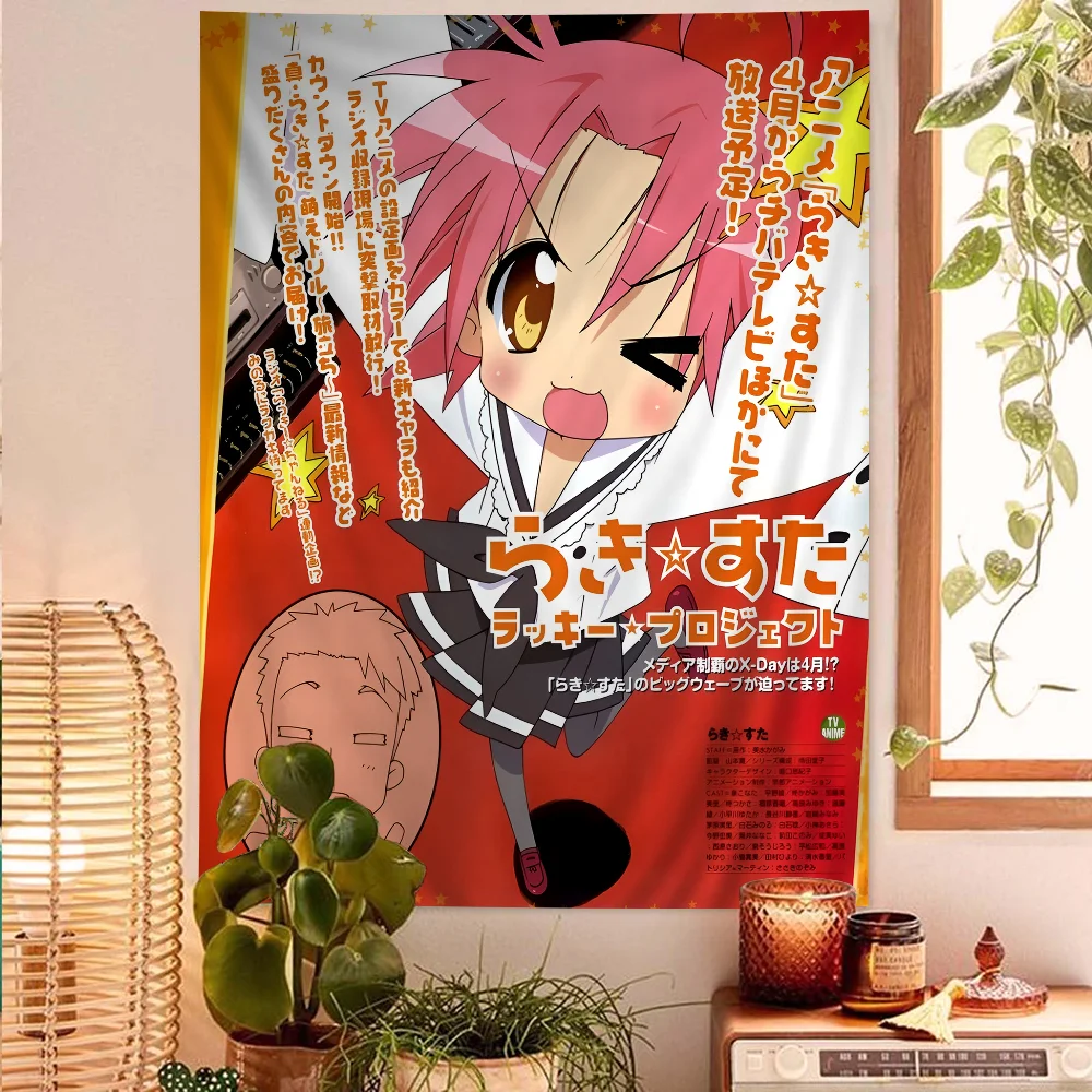 Lucky Star Anime Großer bedruckter Wandteppich, Hippie-Atmosphäre mit Tarot-Details, budgetfreundliche Wandteppiche/Aufhängung für Schlafsäle und Räume