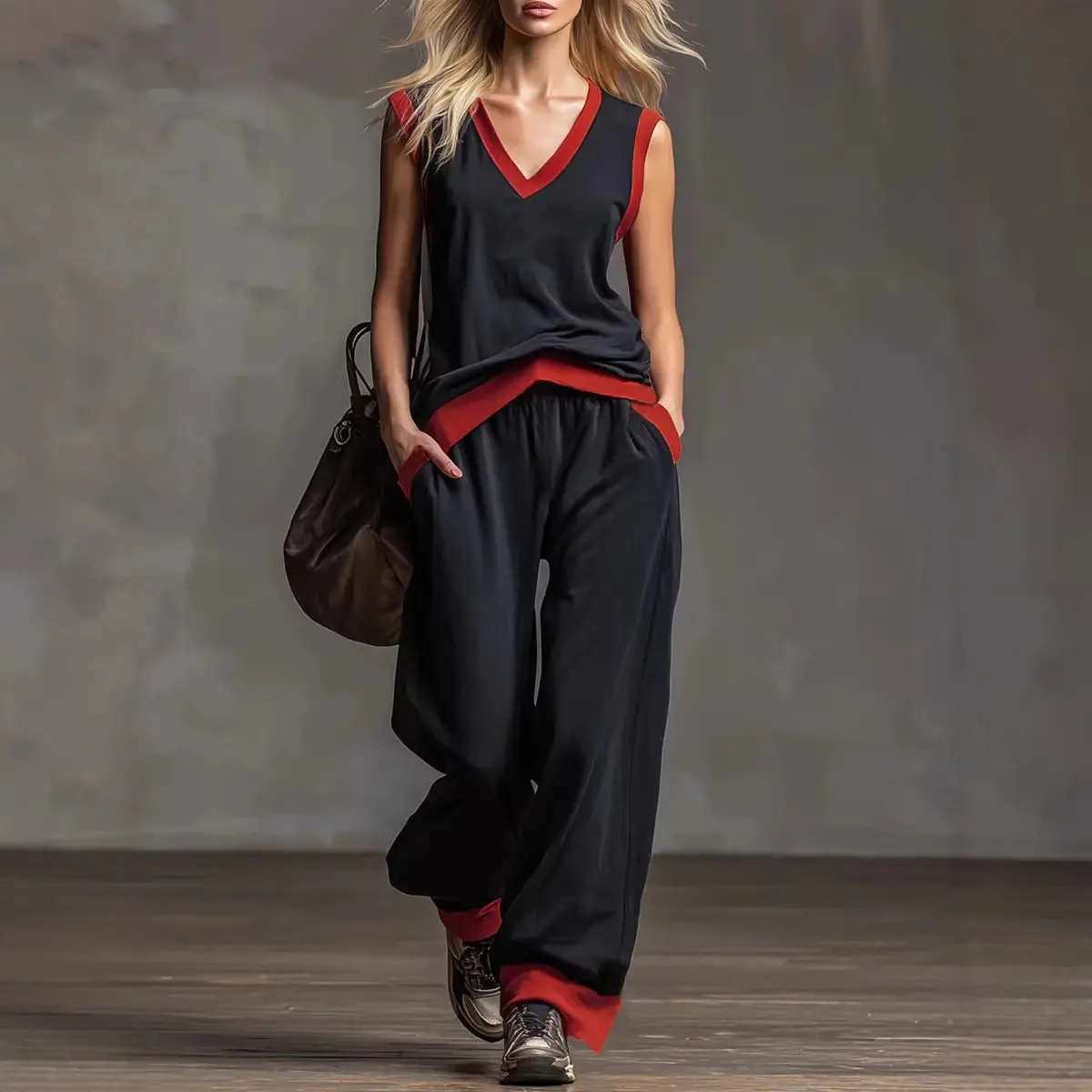 

Women Sleeveless V-neck Tank Top & Wide-leg Pants Set Casual Loose Fit 2pcs Outfit 2026 Contrasting Color Sports Suit Streetwear