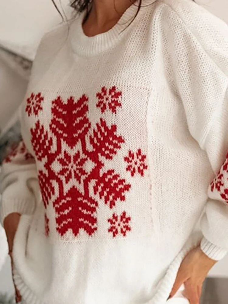 

2025 зимний новый рождественский свитер, женский модный свободный вязаный топ с круглым вырезом, элегантный теплый свитер со снежинками и длинными рукавами, пуловер