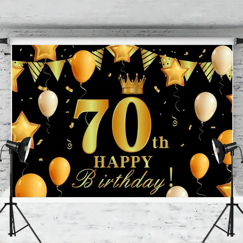 Happy 70th Birthday Backdrop Banner 70 Years Old Black Gold Background for Photography Party Decoration Photo Booth Props