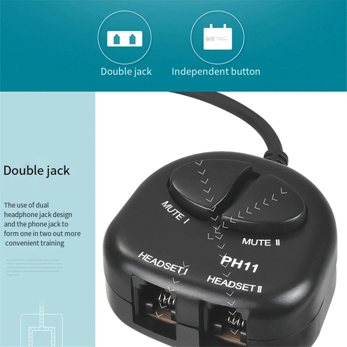 ABQR اثنين كتم التبديل التدريب محول المزدوج RJ9 مآخذ إلى RJ9 سماعة ذكر التوصيل ل مركز الاتصال سماعة التدريب محول 4P4C #2