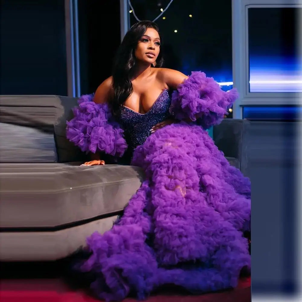 Purple Aso Ebi Evening Dresses Off The Shoulder Puffy Sleeves Tiered Ruffles Plus Size Prom Dress Special Occasion Party Gowns