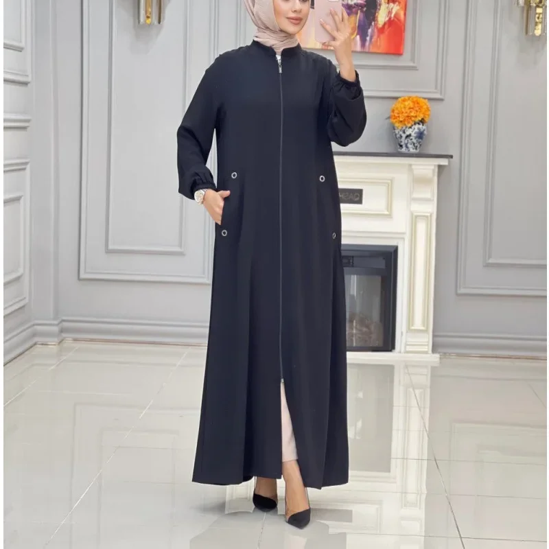 Turkish Dresses Eid Prayer Abaya Black Robe Long Sleeve Causal for Women Stand Collar Zipper Dubai Saudi Clothing Kaftan