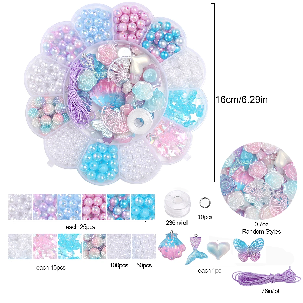 13Grid 0.6-2.6cm Mermaid Color Mixed Acrylic Beads Suitable for Bracelets Necklaces Rings Christmas Gifts Jewelry DIY Making Kit view 5