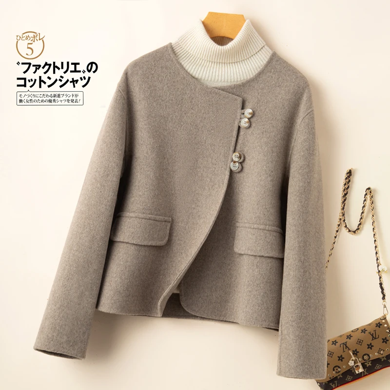 Autumn Winter New Korean Double-sided Wool Coat Short Coat 100% Wool Women\'s Round Neck Cardigan Thick Warm Tops Solid Color