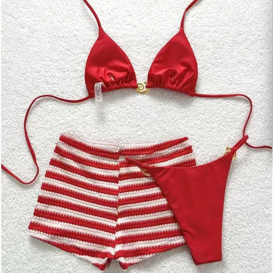 Swimsuit red striped boxers bikini three-piece swimsuit bikini  Tankini Swimsuits Women Bathing Suit biquini trikini