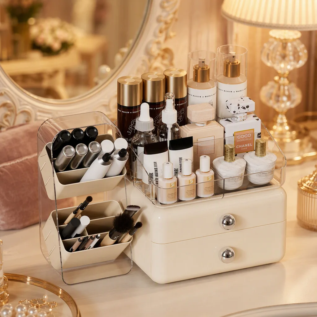 Minimalist Style Cosmetics Storage Box Desktop Skincare Shelf Pull-out Detachable Dressing Table Organizer Box Desktop Decor