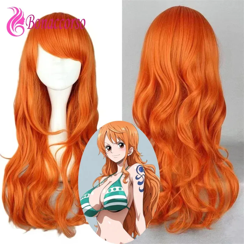 

qq28LQNami Косплей Оранжевый Синтетический Длинный Вьющийся Аниме Coser Милая Девушка Термостойкое Волокно Парик Высокого Качества Хэллоуин Пар