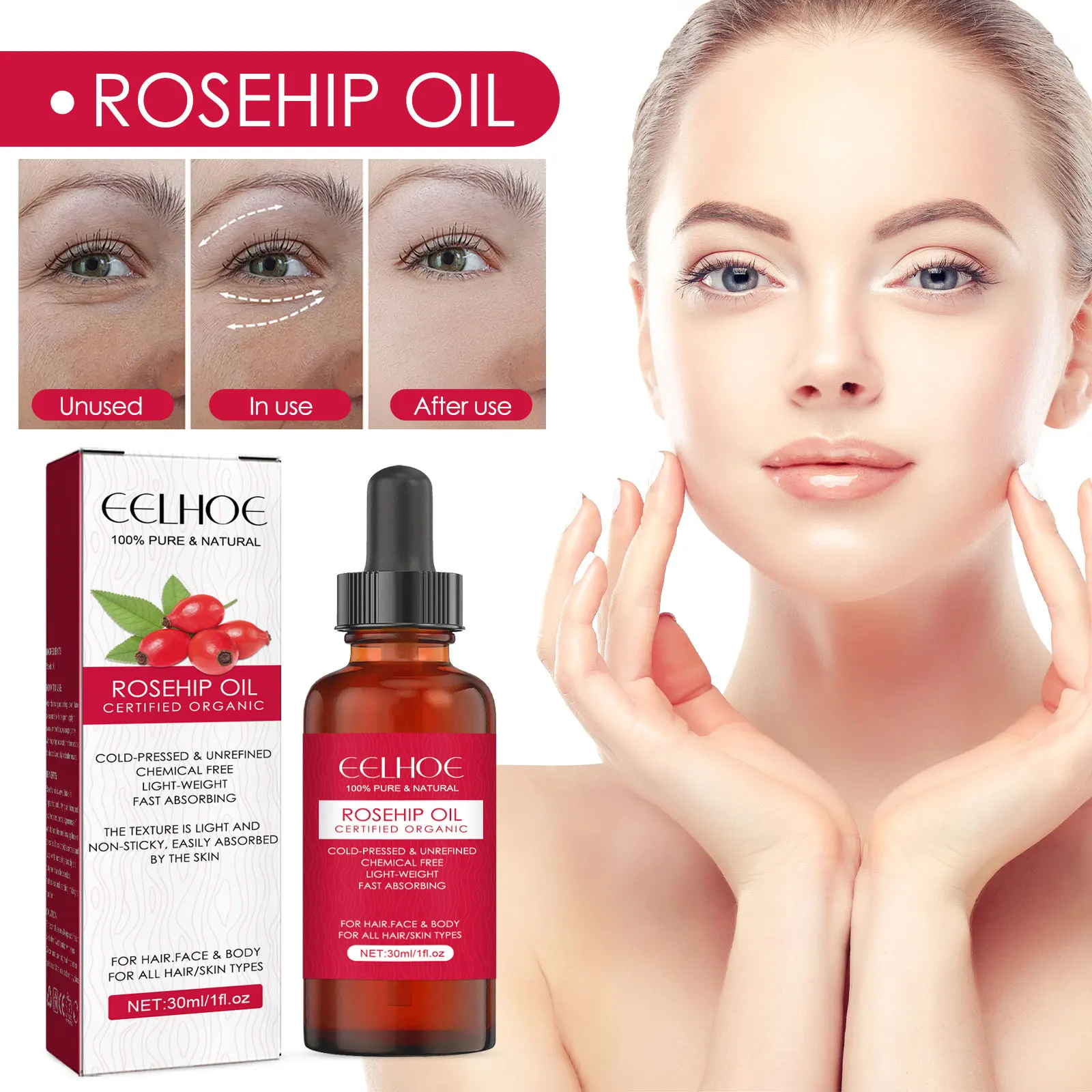 EELHOE Rose Hip Essential Oil Face Firming & Fine Lines Body Moisturizing & Smoothing Hair Moisturizing & Nourishing Oil