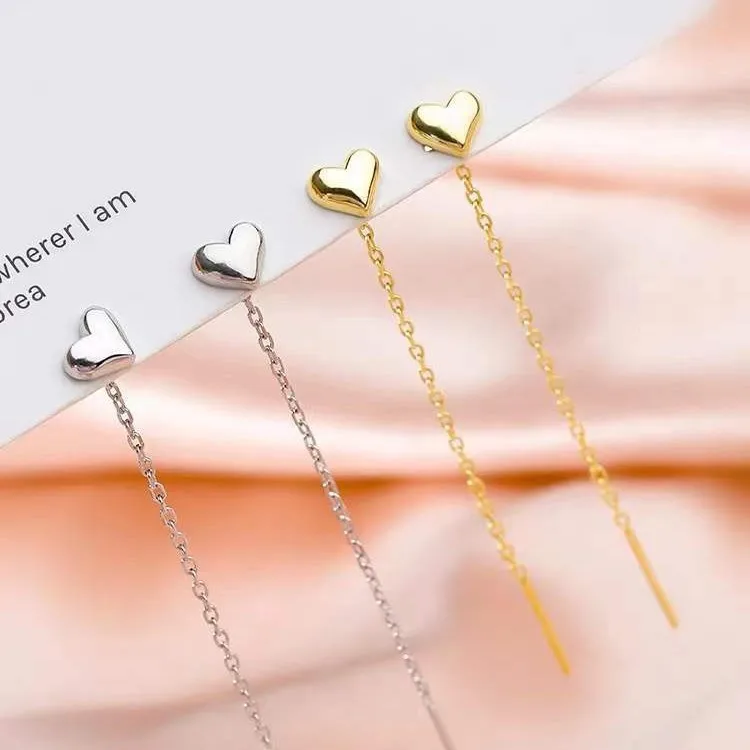 925 Sterling Silver Heart Threader Earrings Elegant Women Long Ear Line Dangle Drop Earrings Fashion Jewelry