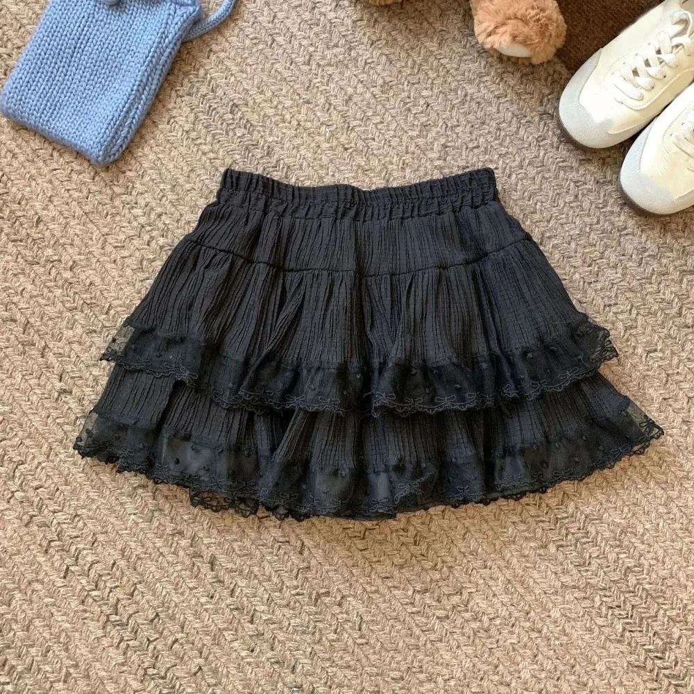 

Dots Puffy Cake Skirt Women High Waist Textured Lace Bowknot Short Skirt Multi-layer with Safty Pant A-Line Short Skirt Summer