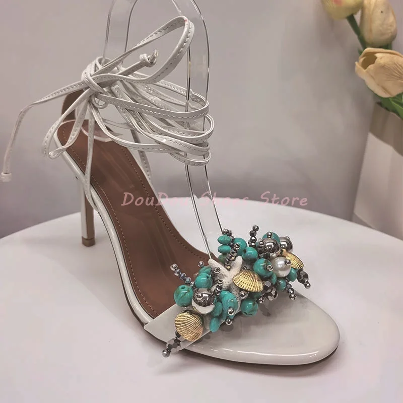 Gold Shell Pearl Decor Ankle Wrap Thin Heel Sandals Women Lace Up Peep Toe High Heels Hot Chick Beach Vacation Summer Shoes New