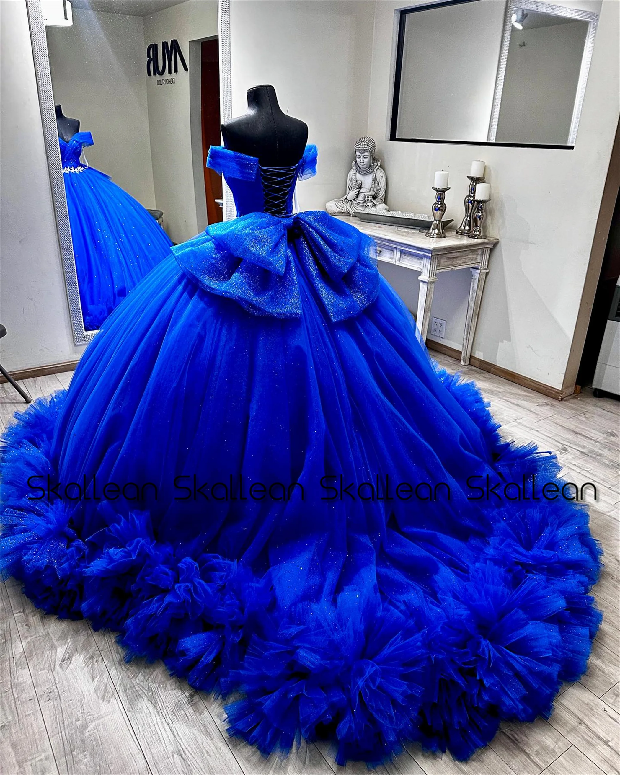 Skallean elegante vestidos quinceanera para menina strass fora do ombro com decote em v ruched robe princesse bleu femm personalizado