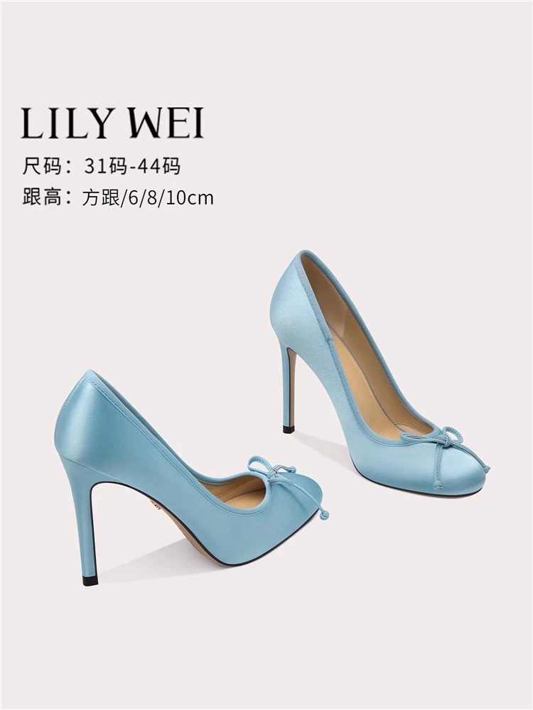 

Spring new round head shallow silk bow square heel low heel shoes fine high heel banquet large size small size women's shoes
