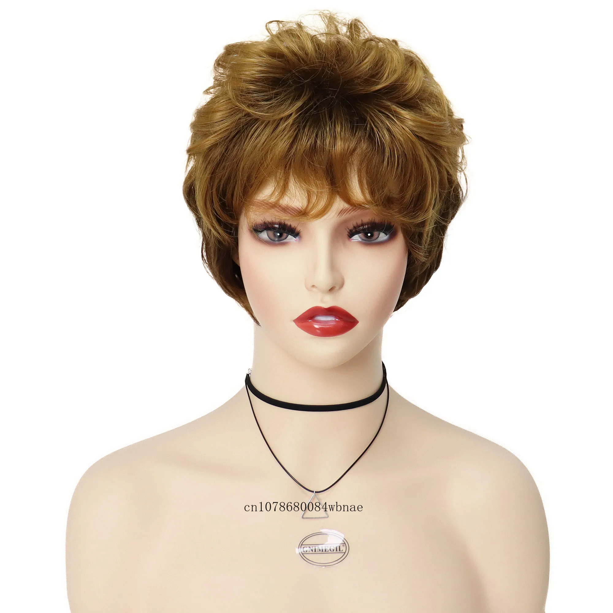 Short Golden Brown Wig Synthetic Hair Pixie Cut Curly Layered Wigs with Bangs Natural Heat Resistant Daily Cosplay Costume Party