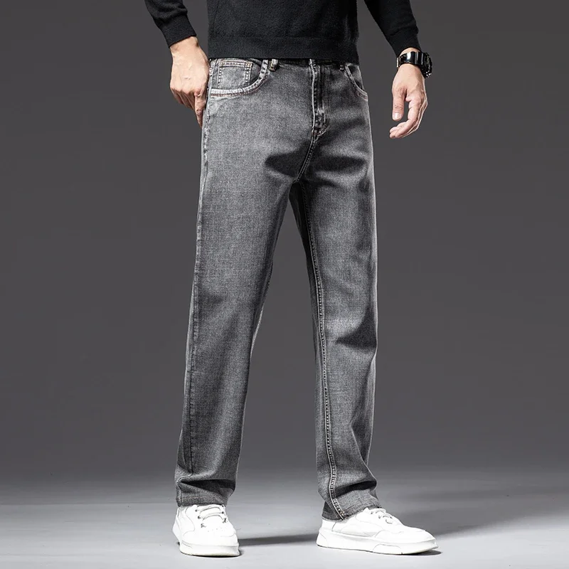6 colors Autumn Men Gray Straight-leg Jeans Business Casual Cotton Stretch Denim Pants Male Brand Clothing Plus Size 40 42 44