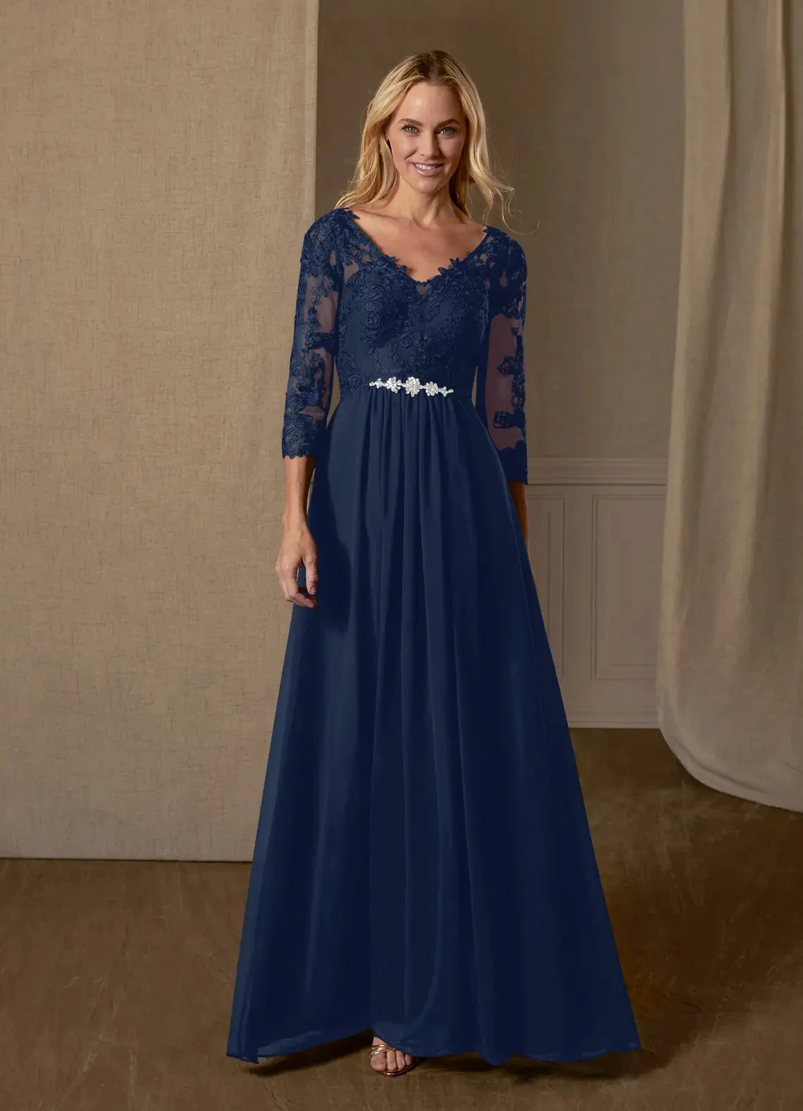 Lorencia-vestido azul marino para madre de la novia, traje elegante de gasa de manga larga, Apliques de encaje, vestidos de fiesta de boda, cinturón de cristales, YMD22