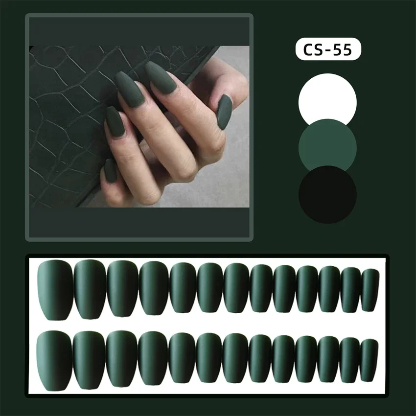 

24Pcs/Set Ballet Green Frosted Fake Nail Tips Chips Simple Medium Removable Wearing False Nails French Acrylic Press on Nail Art