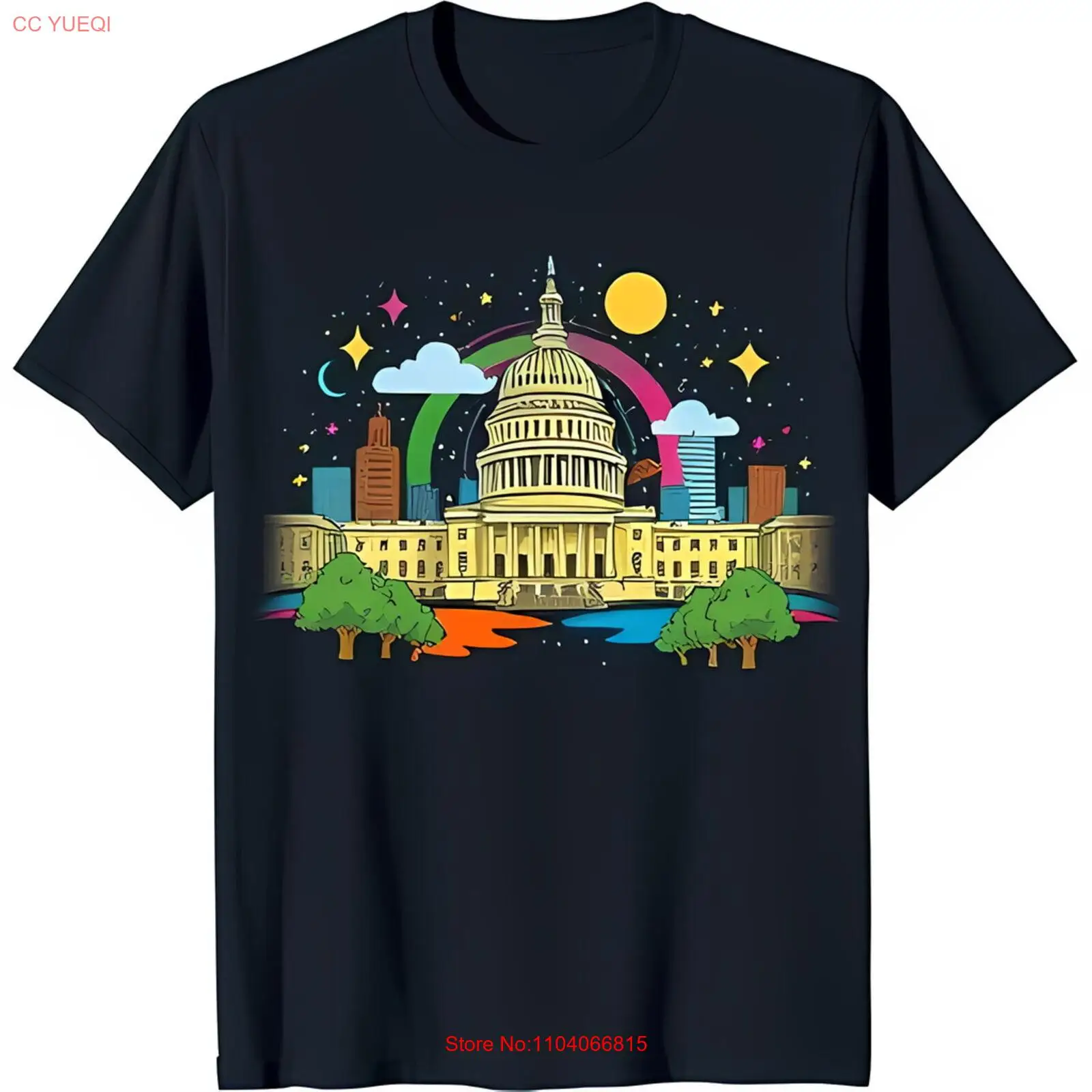 Красочный мультфильм США капитал здание графика на черной футболке Забавный и причудливый Красочный мультфильм США капитал здание графика на черной футболке Забавный и причудливый