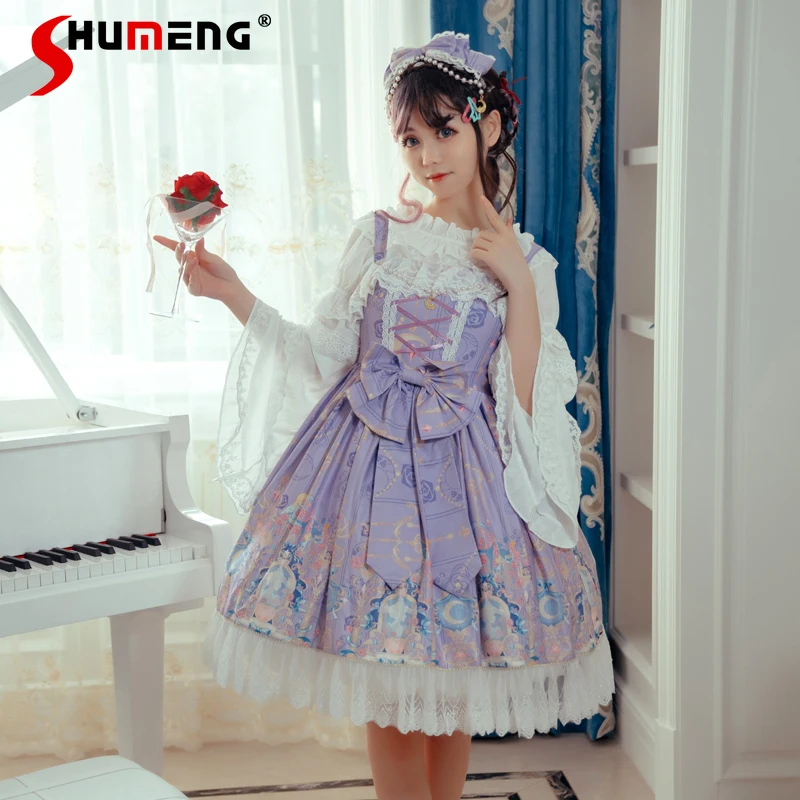 

Lolita Original JSK Printed Mid-length Sling Dress 2024 Spring Summer New Sweet Cute Original Lace Angel Handle Sling Dresses