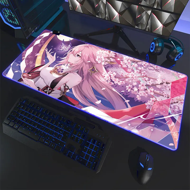 원신 임팩트 마우스 패드, Yae Miko Nahida Led Rgb 마우스 패드 마우스 매트, 컴퓨터 노트북 게이머 패드, PC 게임 액세서리 데스크 매트 XXL