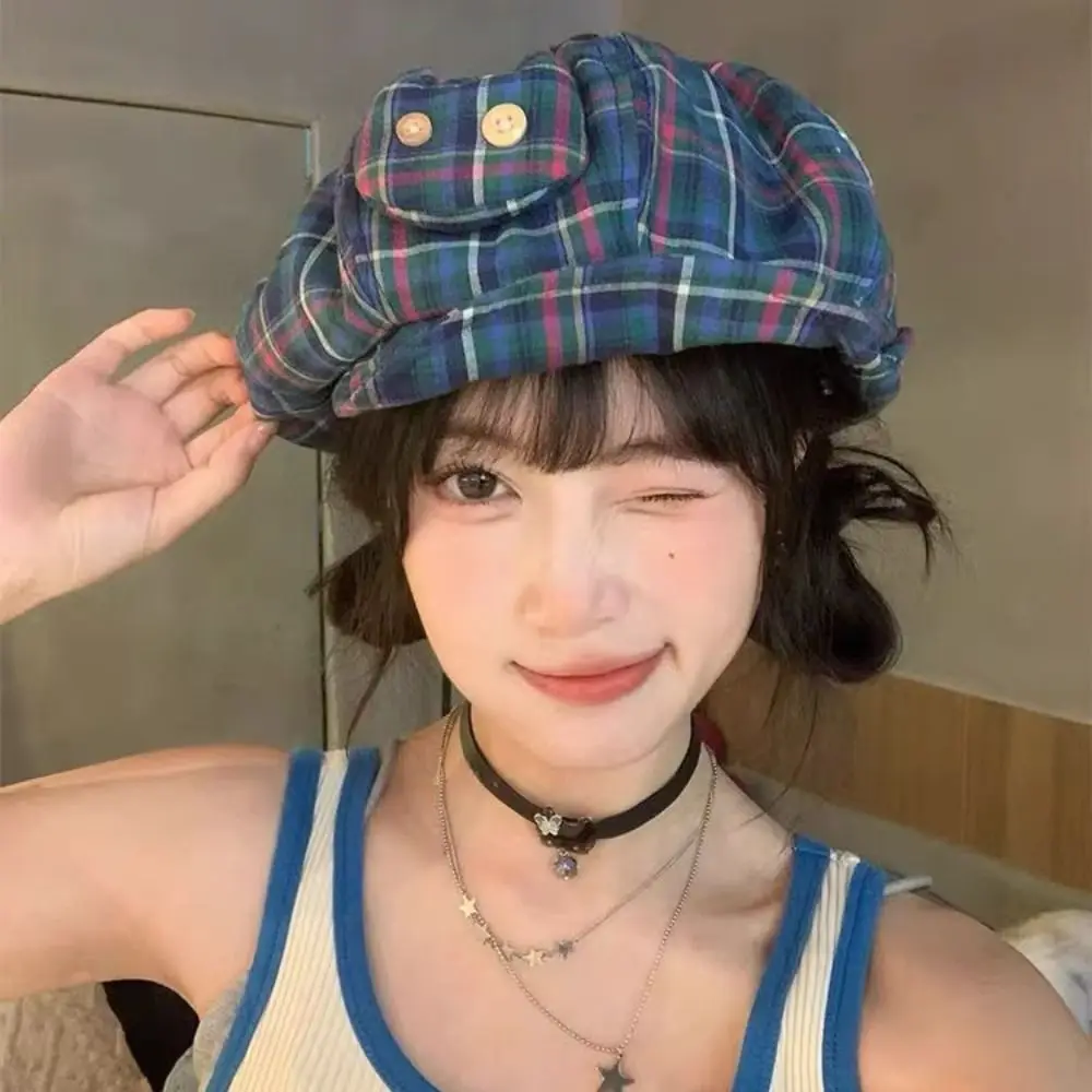 

Retro Korean Style Japanese Button Hat Short Brim Versatile Plaid Cloud Berets Sun Protection Cute Octagonal Caps Girls