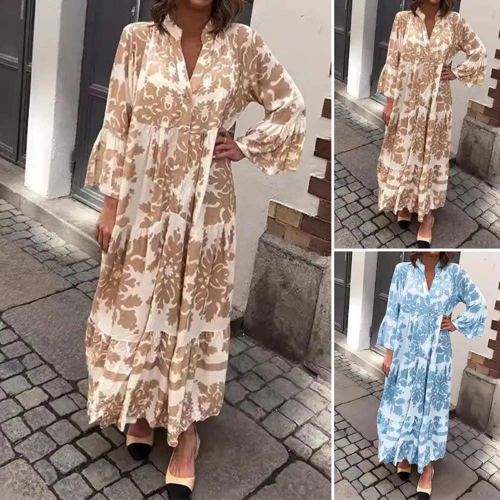 V-neck Printed Dress Elegant Floral Maxi Dress with V Neck Ruffle Patchwork Hem Women\'s Long Sleeve Single-breasted Commuting