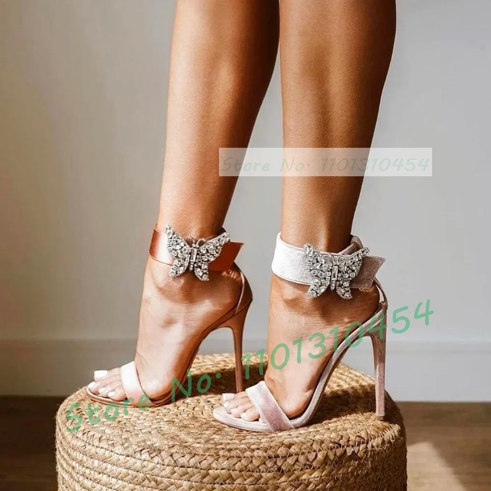 

Jeweled Butterfly Ankle Strap Satin Sandals Women Shining Luxury High Heels Shoes Summer All Match Elegant Nifty Party Sandals
