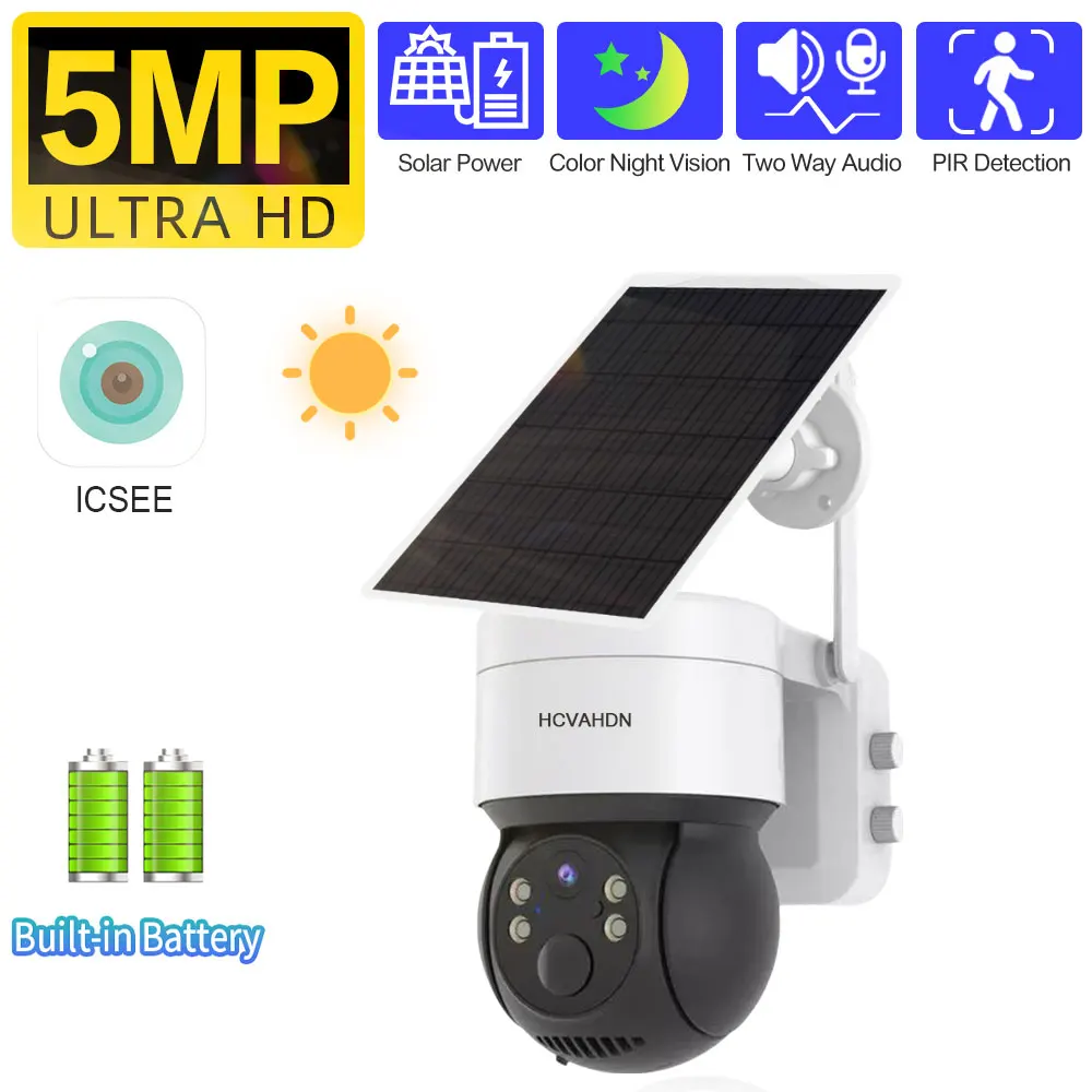 

ICSEE 5MP Solar Wifi PTZ Camera Outdoor 2MP Surveillance IP Camera With Solar Panel PIR Human Detection 7800mAh Recharge Battery