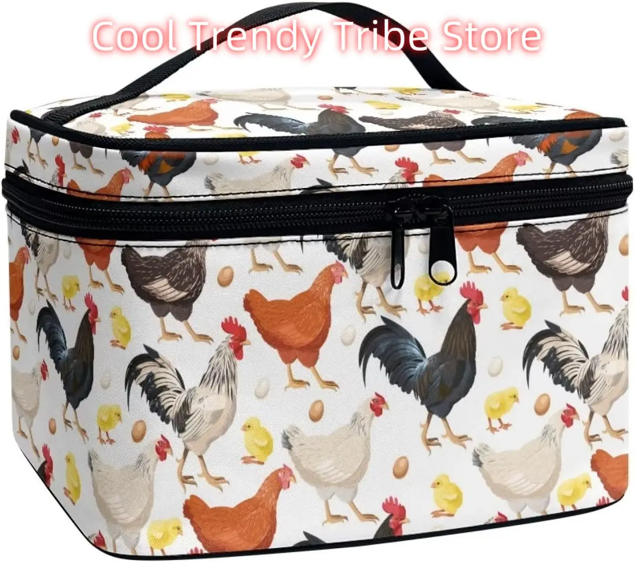 

Cute Farm Chicken Rooster Print Travel Makeup Bag for Women Large Capacity Cosmetic Bags with Zipper And Handle Make Up Tote Bag