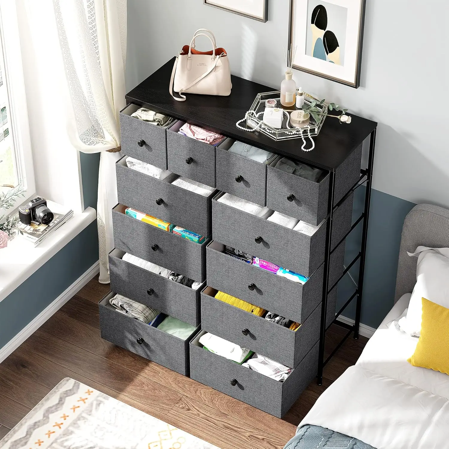 12 Drawer Dresser, Fabric Storage Tower, Tall Chest Organizer Unit w/ Fabric Bins, Metal Frame, Wood Top, Easy Pull Handle