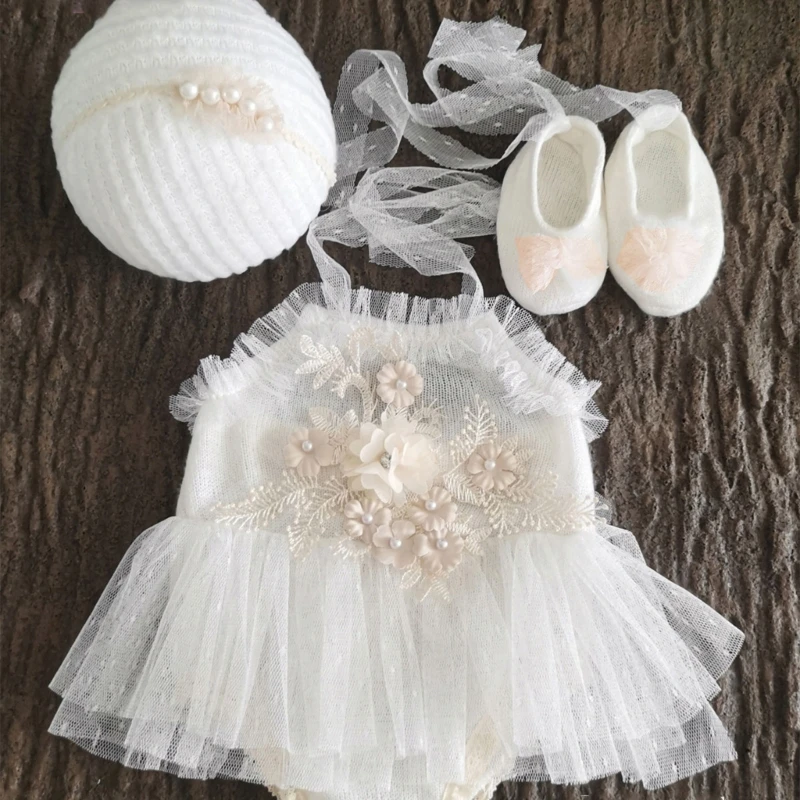 1Set Lace Newborn Photography Props Clothes Princess Baby Girl Dress+Pearl Headband+Shoes Outfit Baby Photo Shooting Accessories