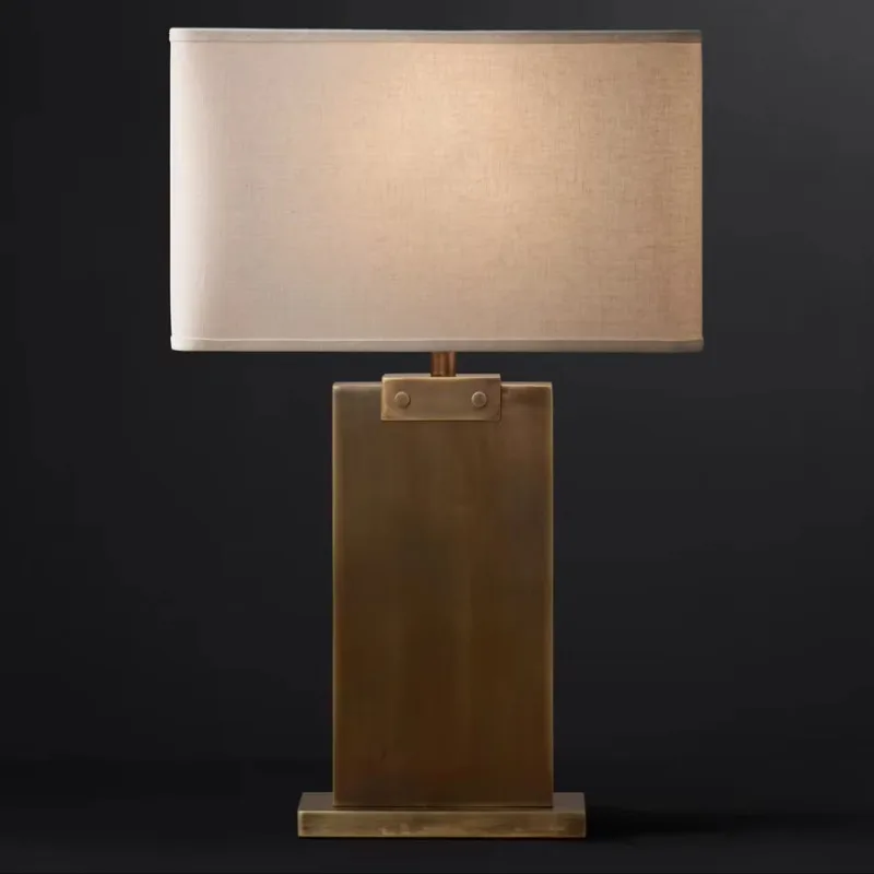 Antique brass desk lamp natural alabaster stone base hand-dyed linen rectangular lampshade E26 bedside table reading bulb