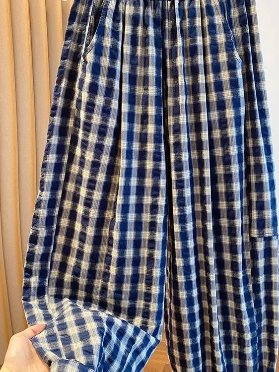 2025 New Vintage Summer Plaid Wide Leg Pants Women's High Waist Loose Slimming Thin Casual Straight Leg Trousers Trendy
