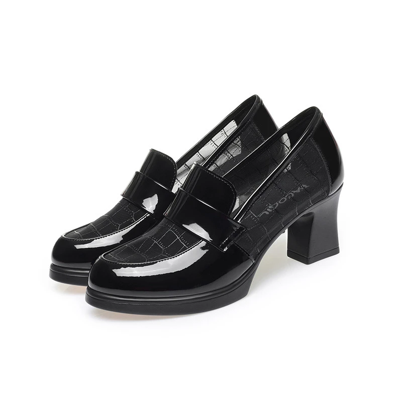 2025, neue Lackleder-Pumps für Damen – runde, spitze Zehen, Schnallenriemen, klobiger Absatz, strukturierte Büroschuhe, atmungsaktive Arbeits-Flats