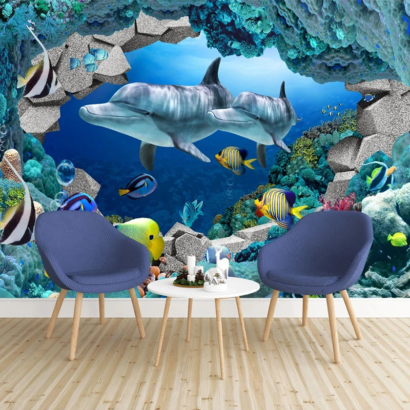 Custom Mural 3D Seascape Dolphin Cartoon Picture Photo Wallpaper For Kids Room Bedroom Living Room TV Backdrop Wall Covering