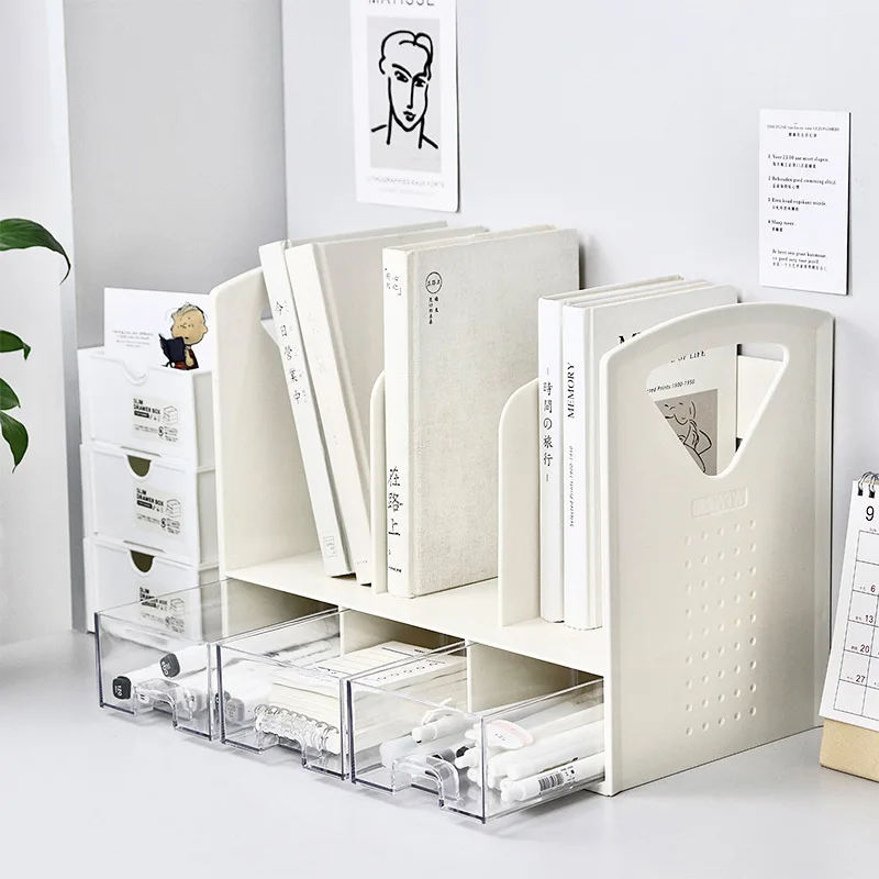 Space Saving Bookend with Drawers Desktop Storage Rack 3 Compartments Book Stand for Student Desk Office Document Organizer