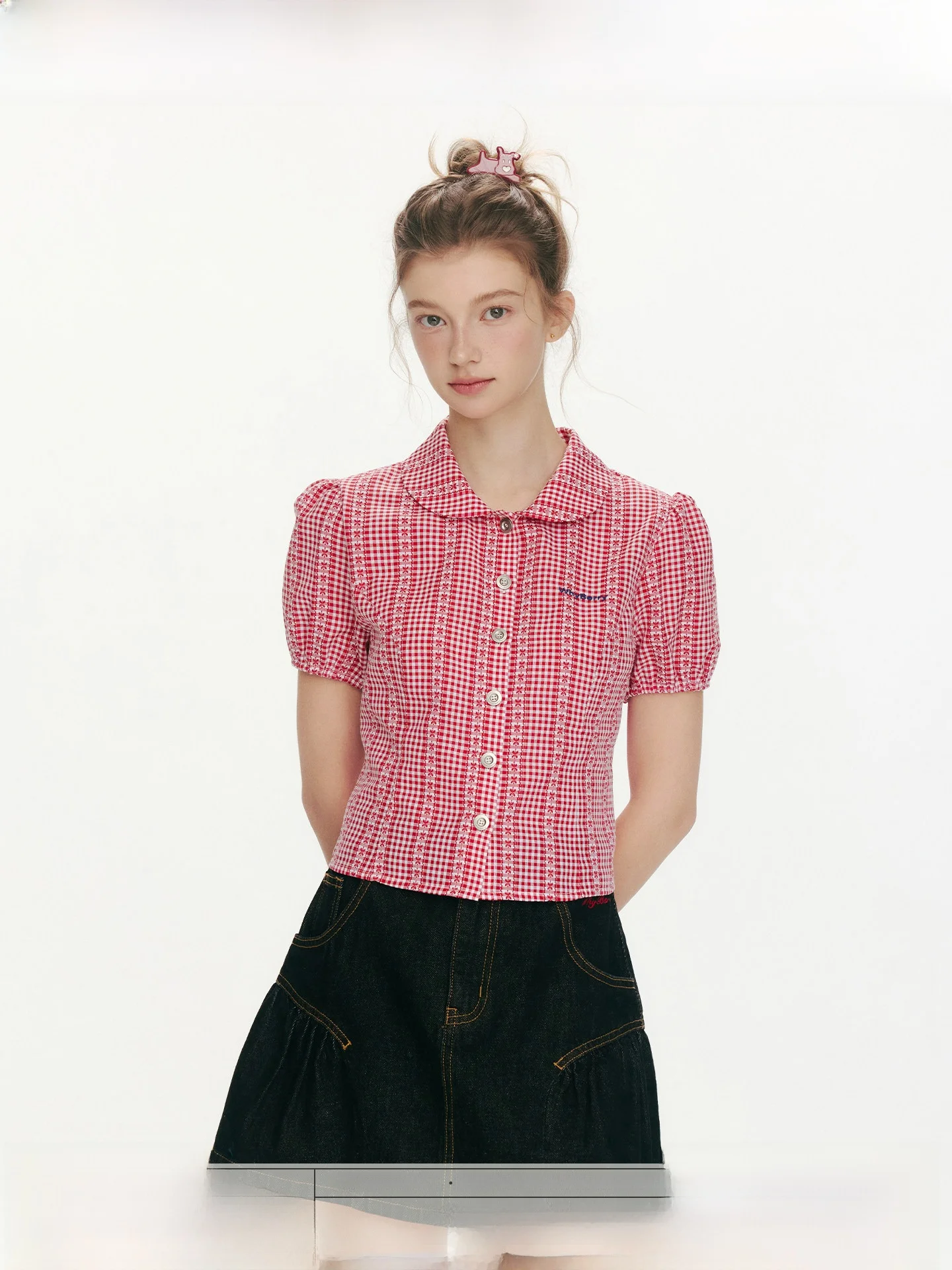 

WhyBerry Red Plaid Doll Collar Short Sleeve Shirt Women's Spring Summer Fashionable Breathable Cotton Casual Shirt