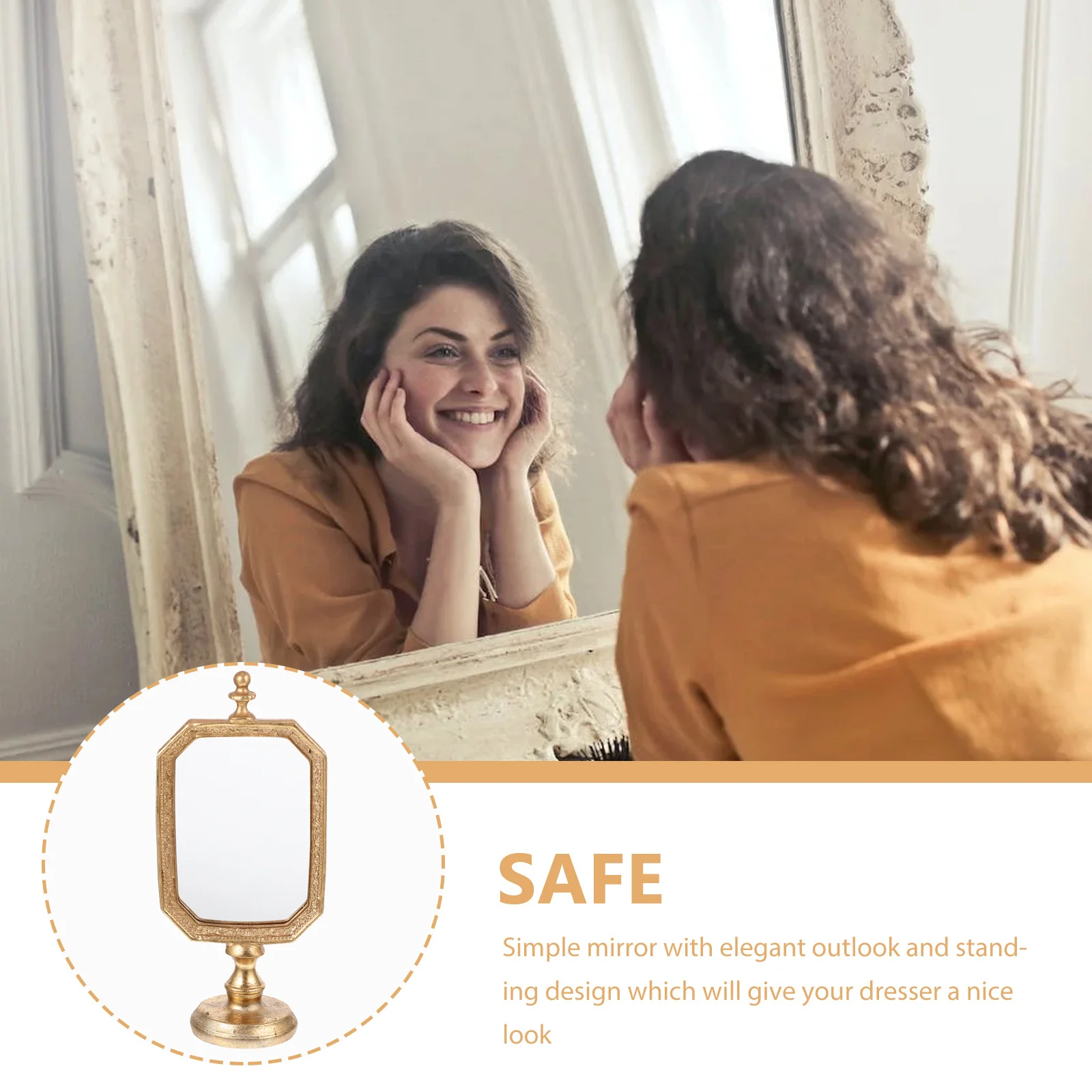 Espelho de maquiagem retrô estilo vintage, base estável de tamanho compacto para uso diário, penteadeira, decoração de quarto europeu
